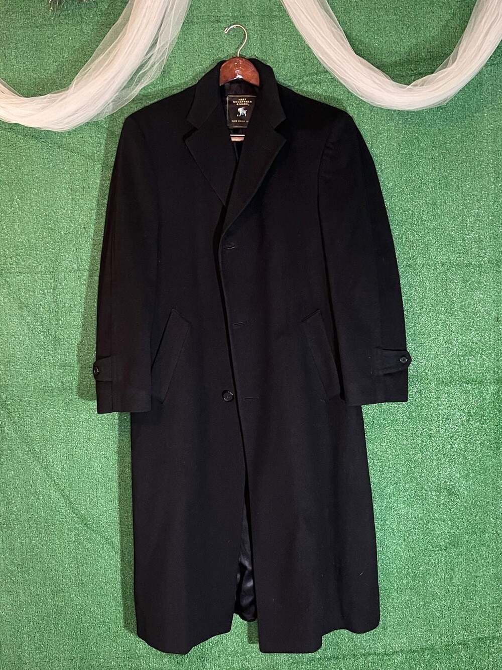 Hart Schaffner & Marx Pure Virgin Wool Black Overcoat Trench Coat Size 40R